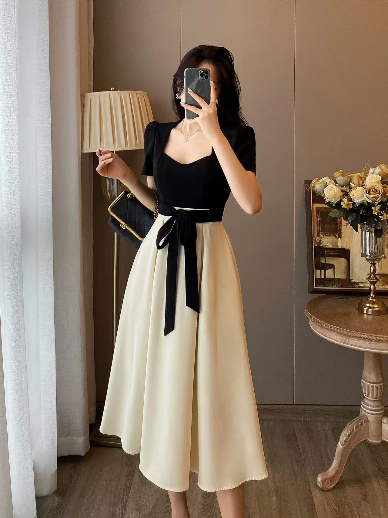 French little fragrance square neck dress woman