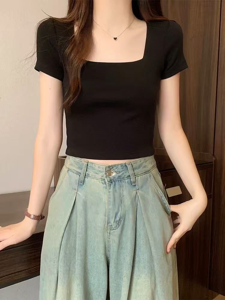 White French square collar short-sleeved T-shirt women's summer new explosive shoulder slim-fit crop short high waist top