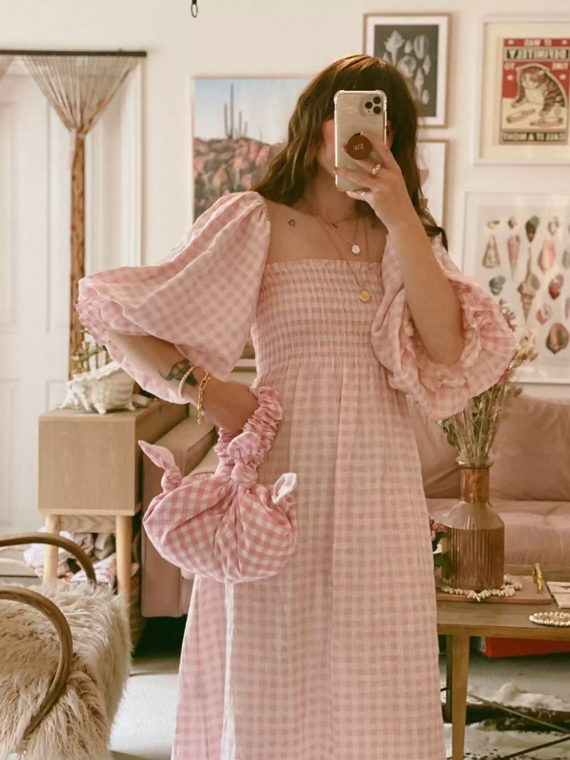 Linen long-sleeved French one-shoulder square collar pink plaid holiday dress