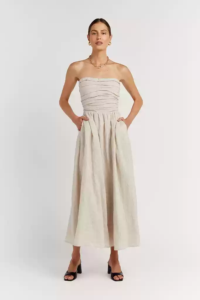 Linen waist cut slits top breast holiday pocket long dress