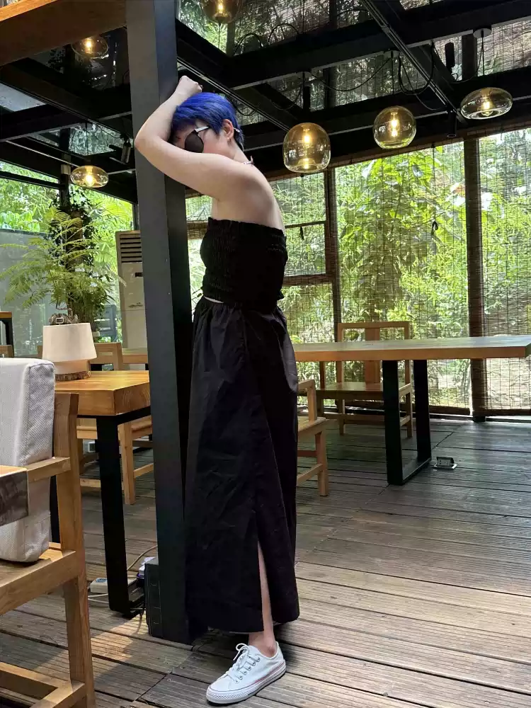 Bare shoulder pocket split skirt bare waist basic holiday style cool girl little black dress dress