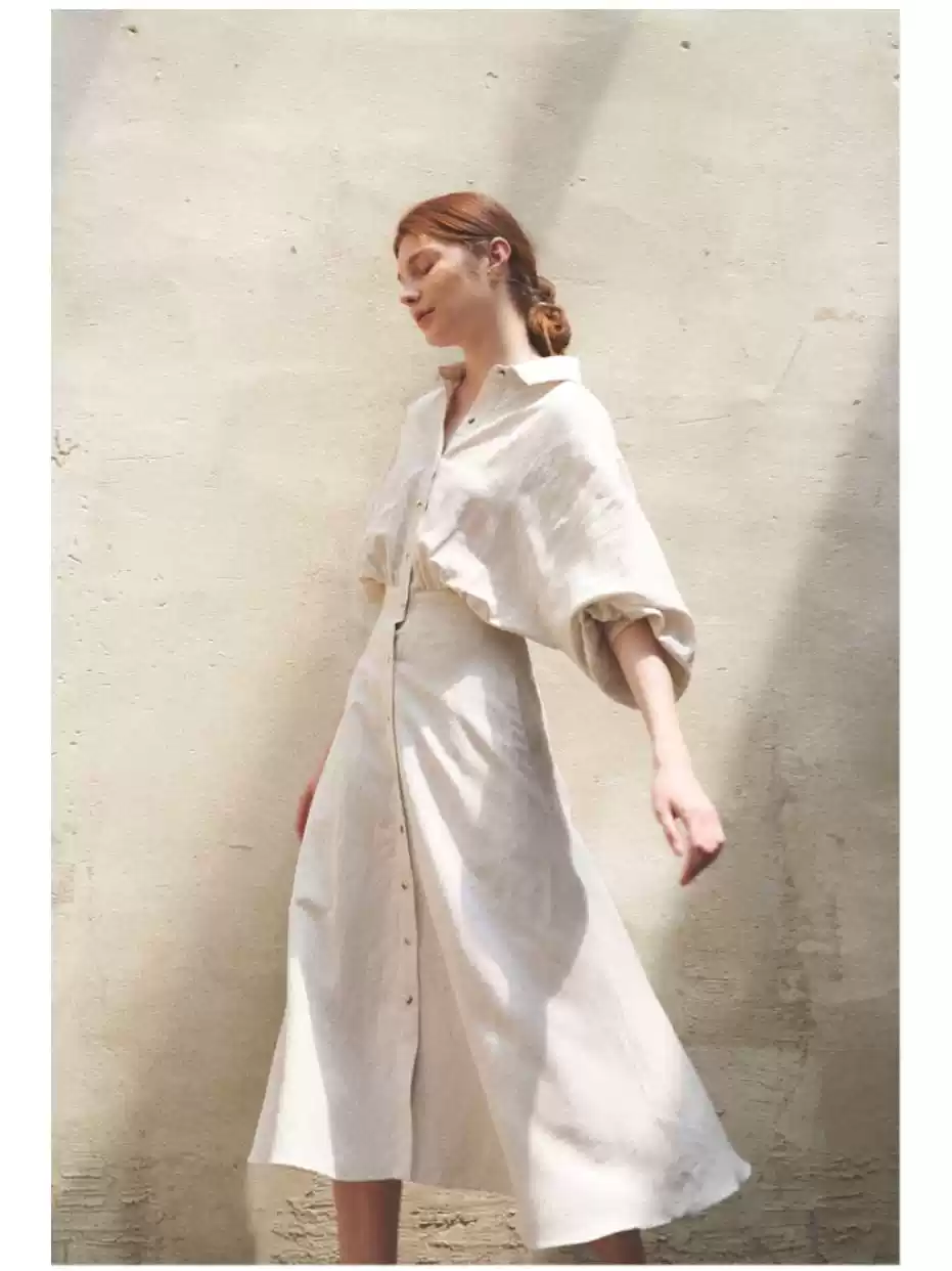 Linen white Bat-sleeve waist A swing slimming long skirt dress