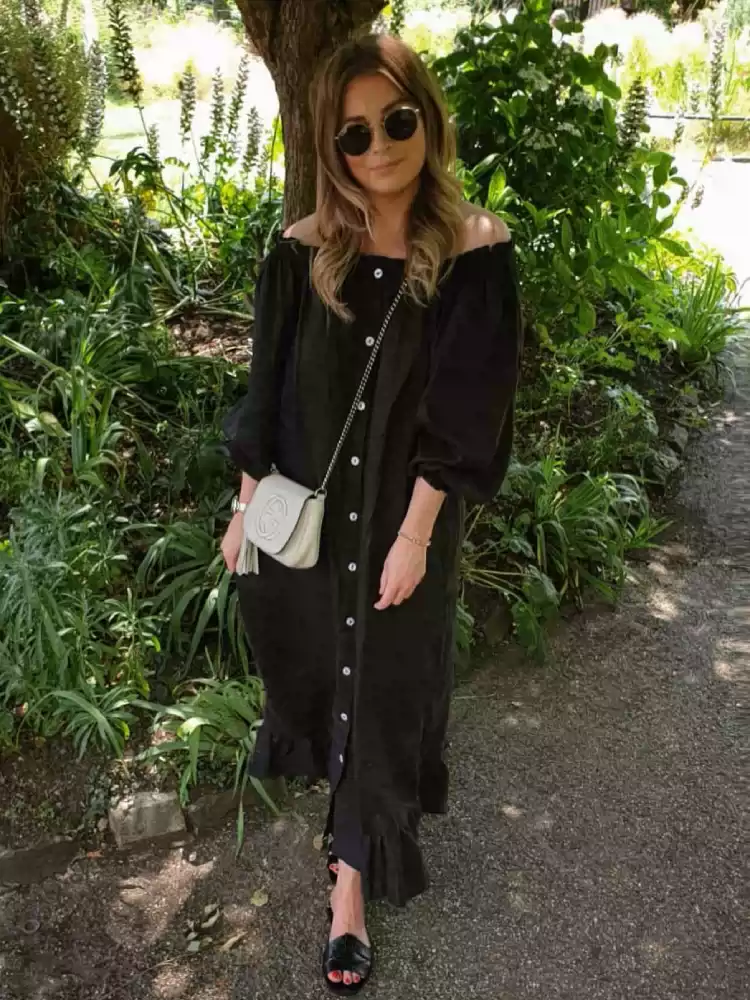 Linen long-sleeved one-line collar two loose shirts home wear holiday dress