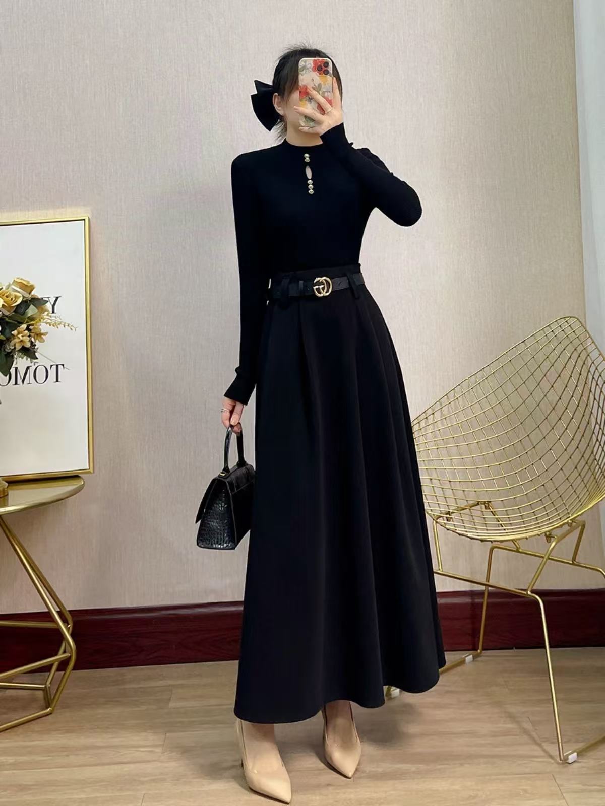 Coffee color long skirt to ankle super long woolen skirt autumn