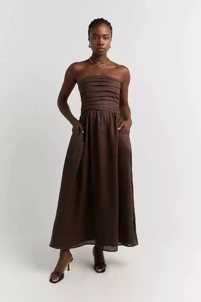 Linen waist cut slits top breast holiday pocket long dress