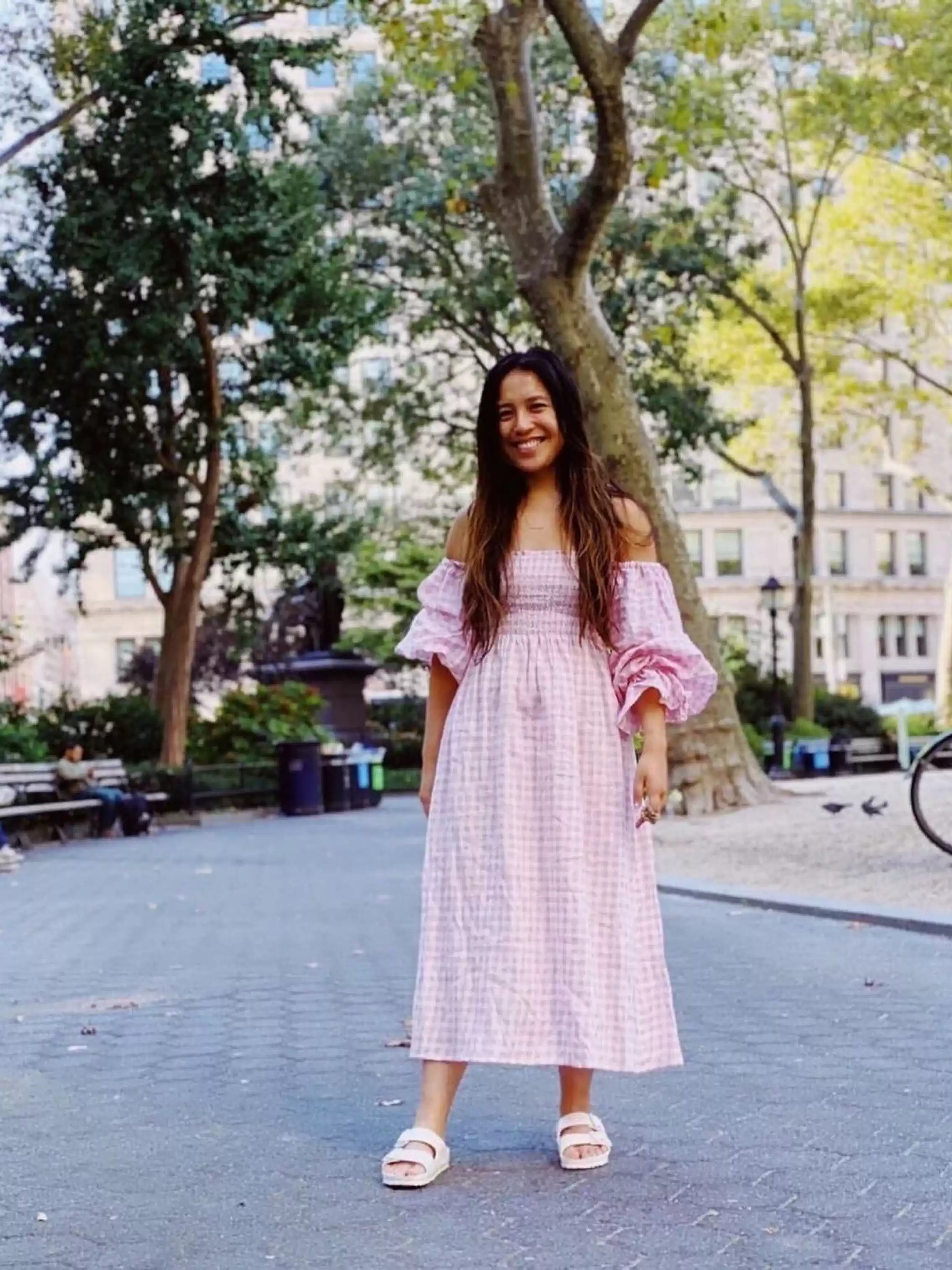 Linen long-sleeved French one-shoulder square collar pink plaid holiday dress