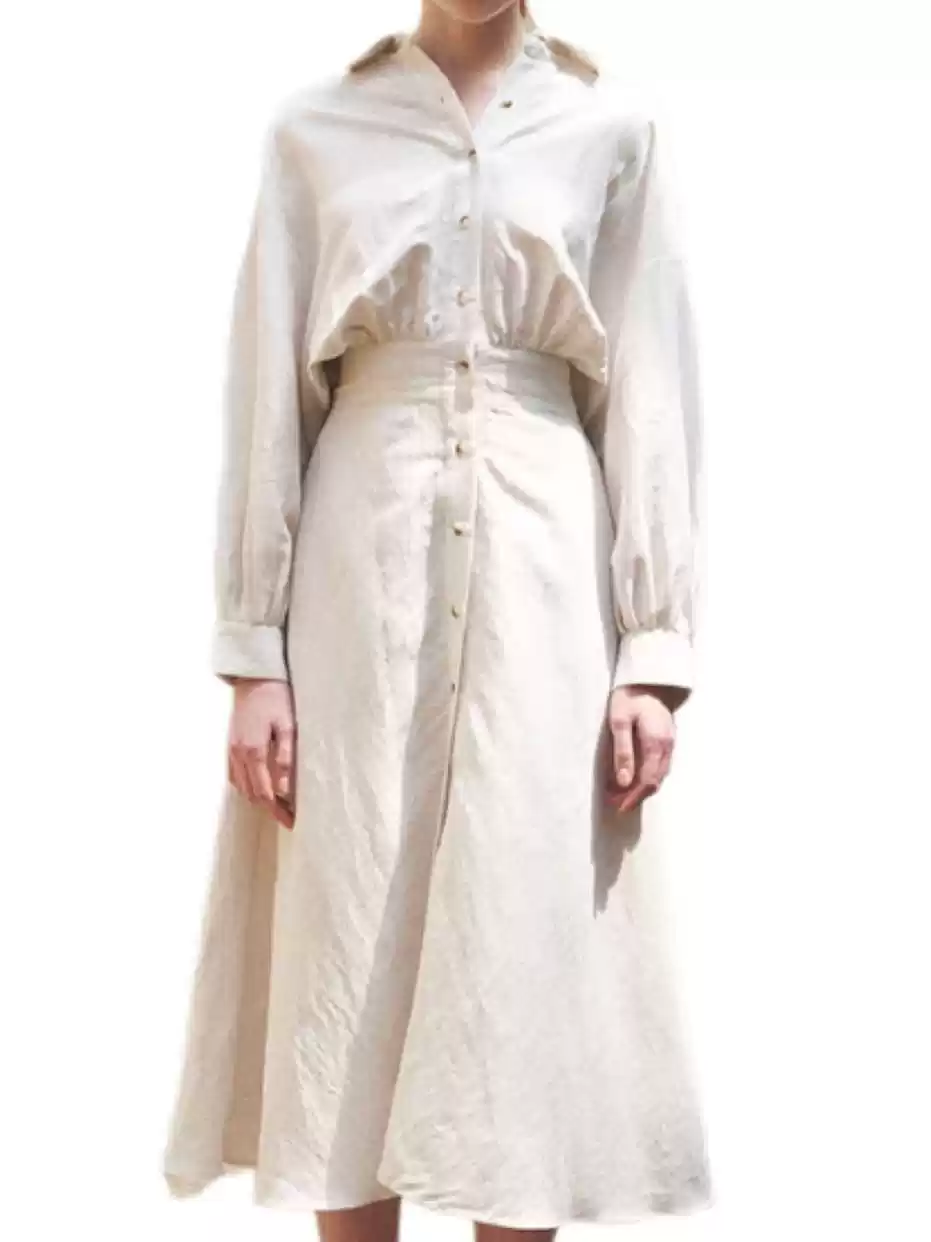 Linen white Bat-sleeve waist A swing slimming long skirt dress