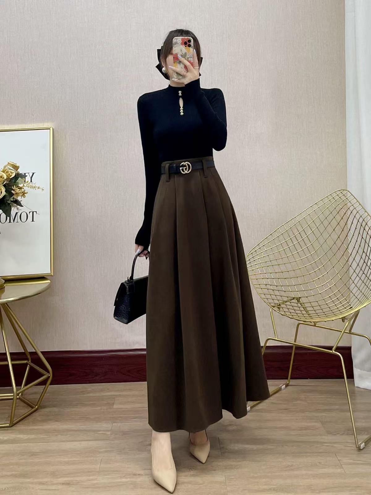 Coffee color long skirt to ankle super long woolen skirt autumn
