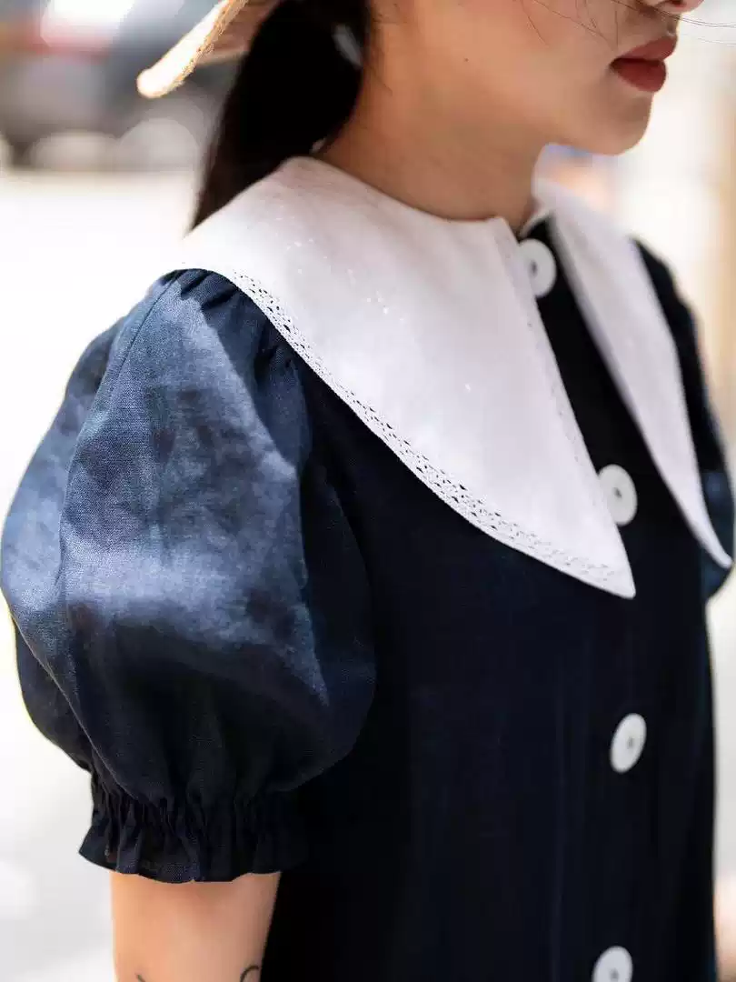 Spring and summer fresh and comfortable single-breasted decorative doll collar detachable short linen dress