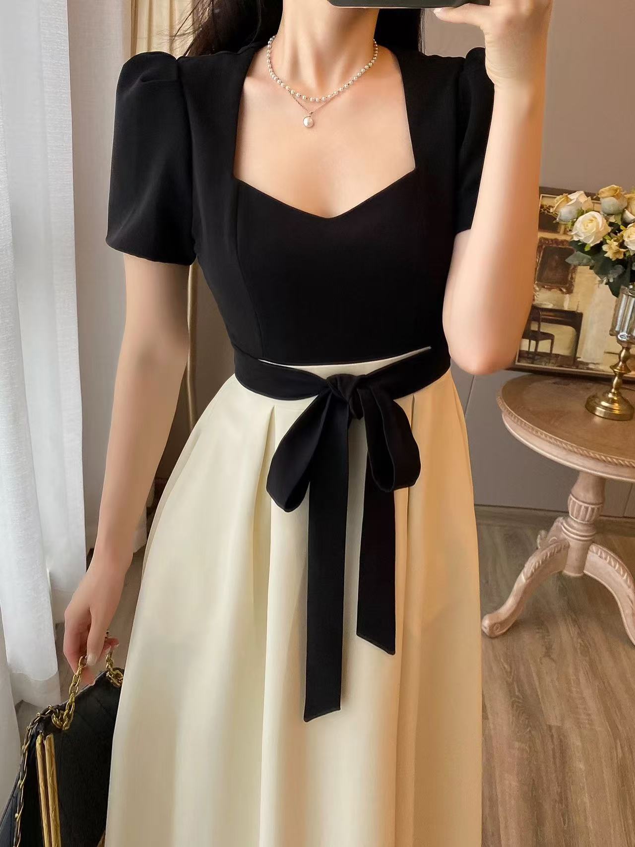 French little fragrance square neck dress woman