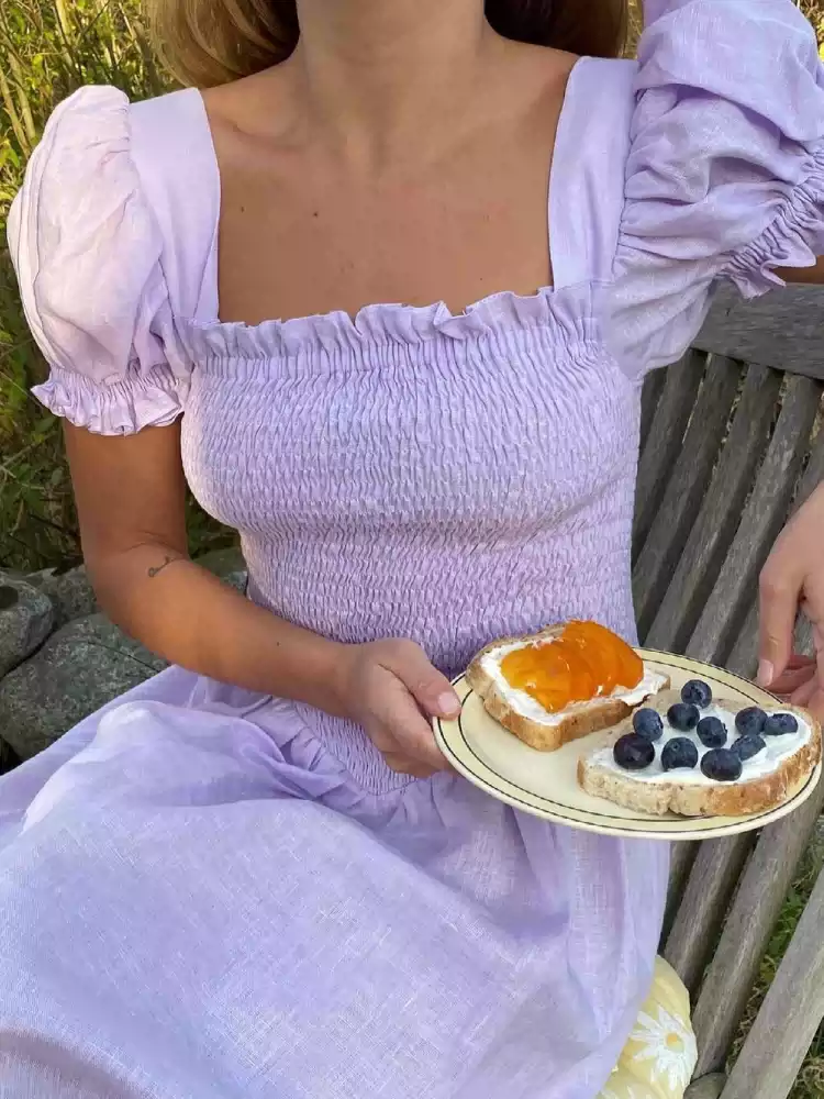 French commuter casual elastic wrap waist stretch slim sweet bubble sleeve linen holiday dress