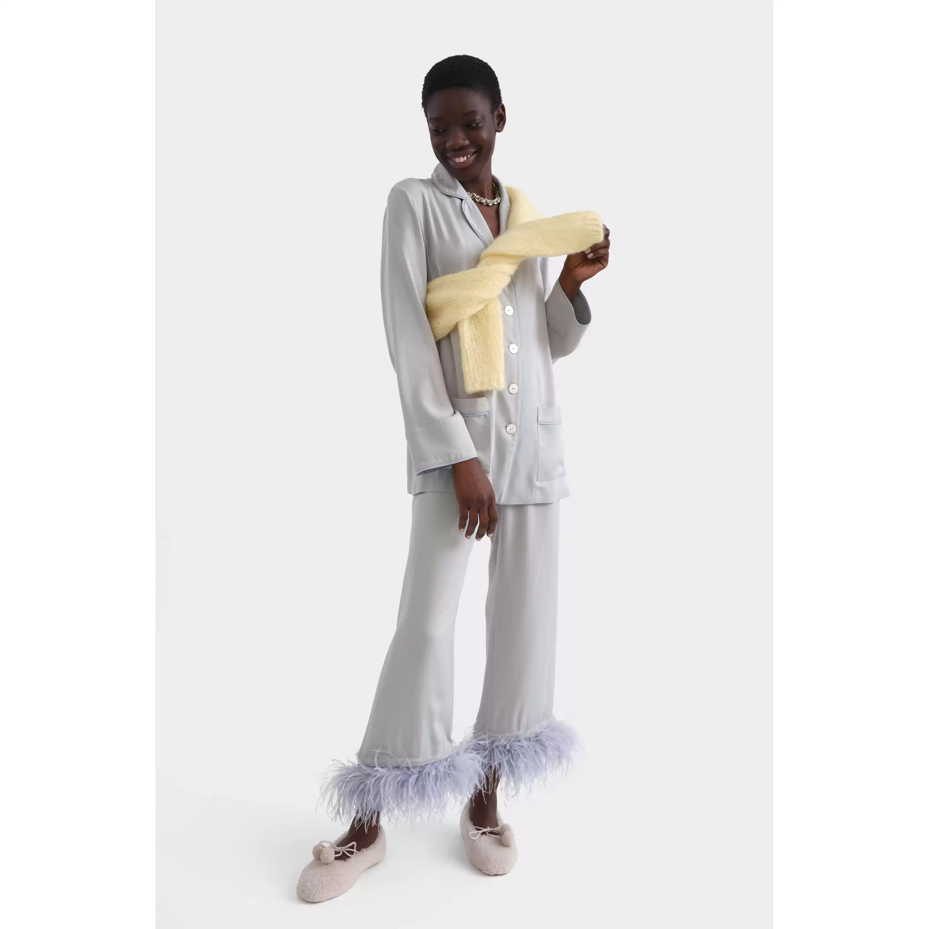 Smoky grey ostrich feather pajama lady fashion set