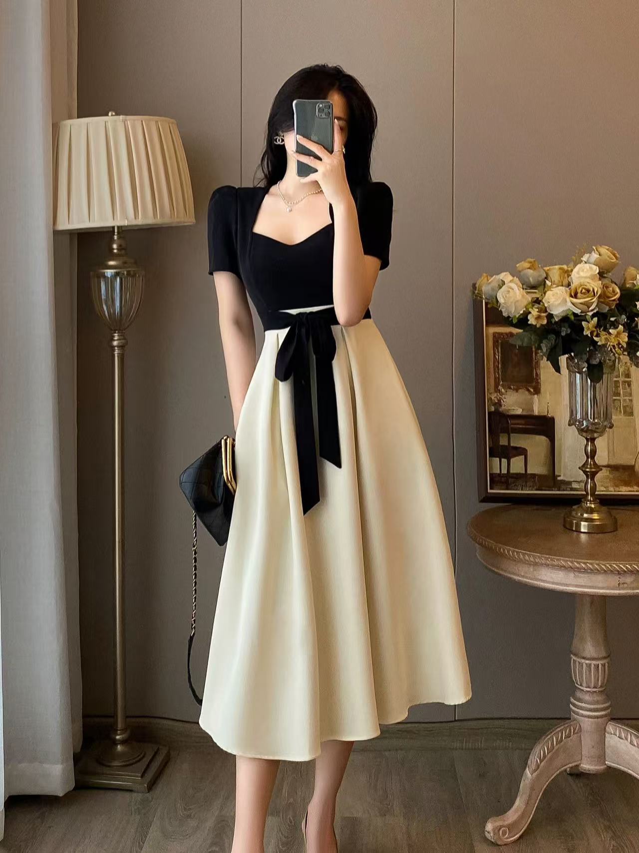 French little fragrance square neck dress woman