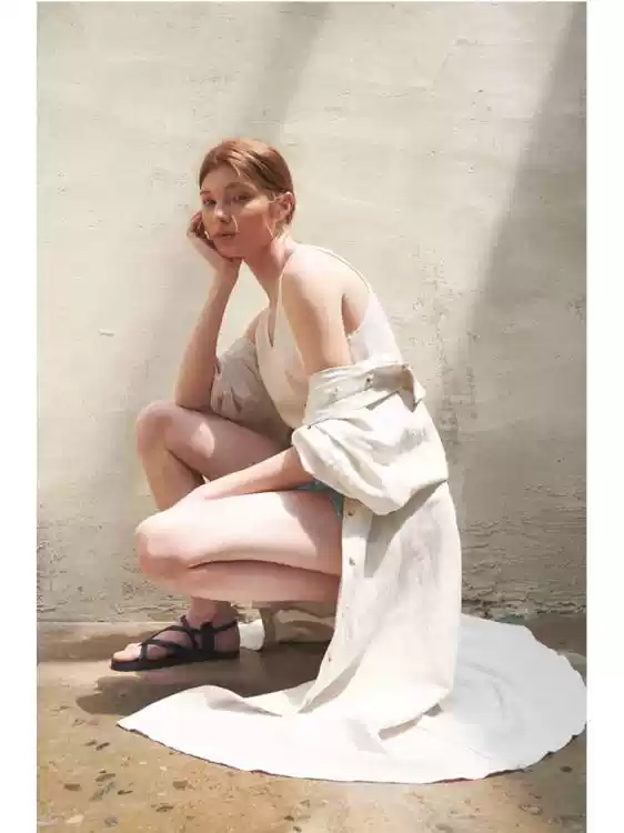 Linen white Bat-sleeve waist A swing slimming long skirt dress