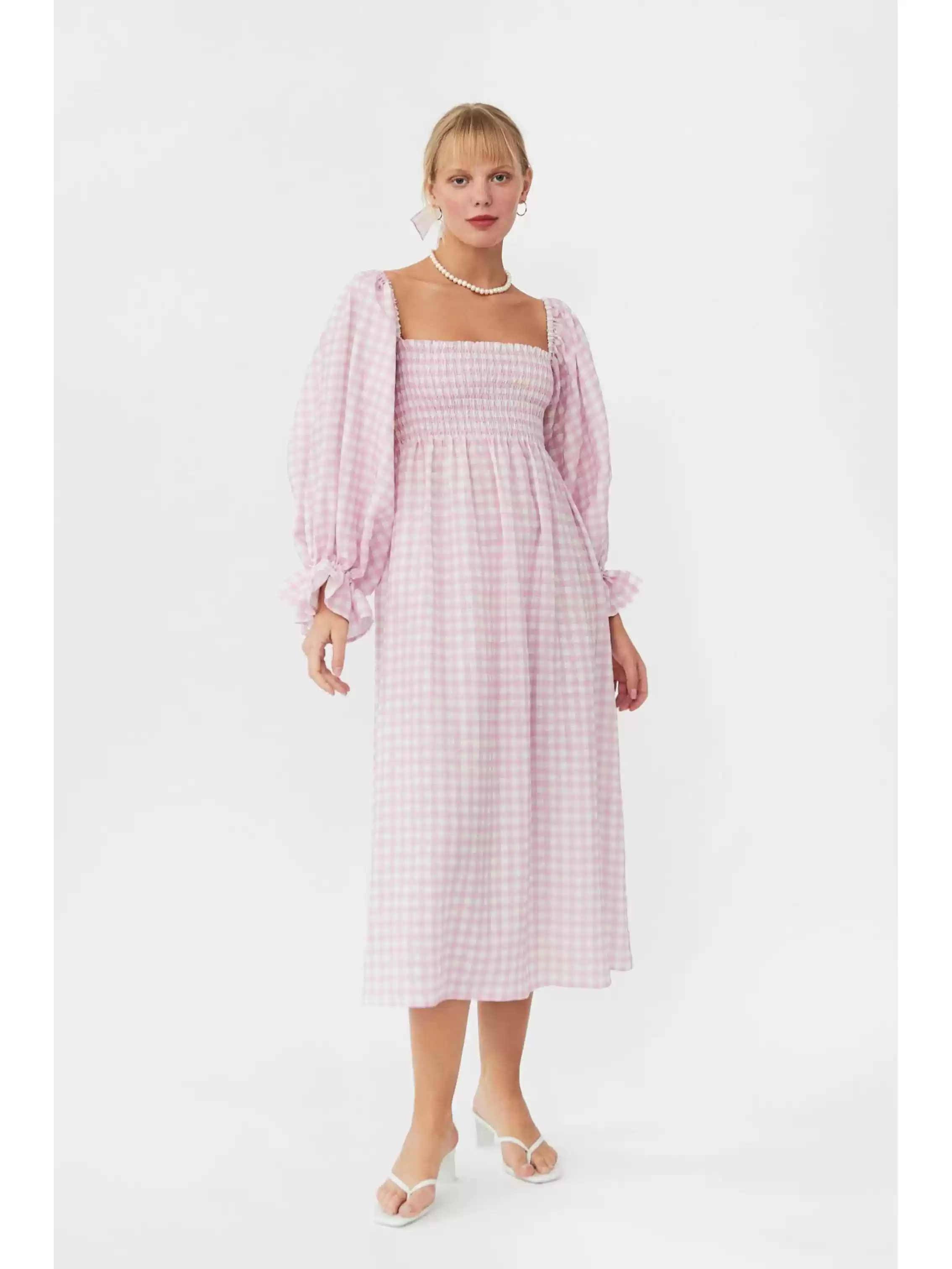 Linen long-sleeved French one-shoulder square collar pink plaid holiday dress