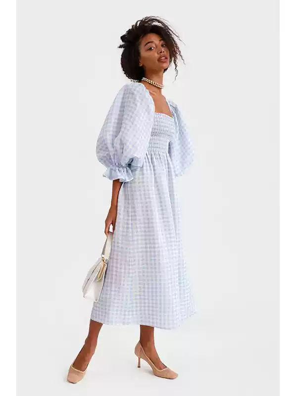 Linen blue plaid lantern sleeve French drop shoulder square collar two-piece holiday dress