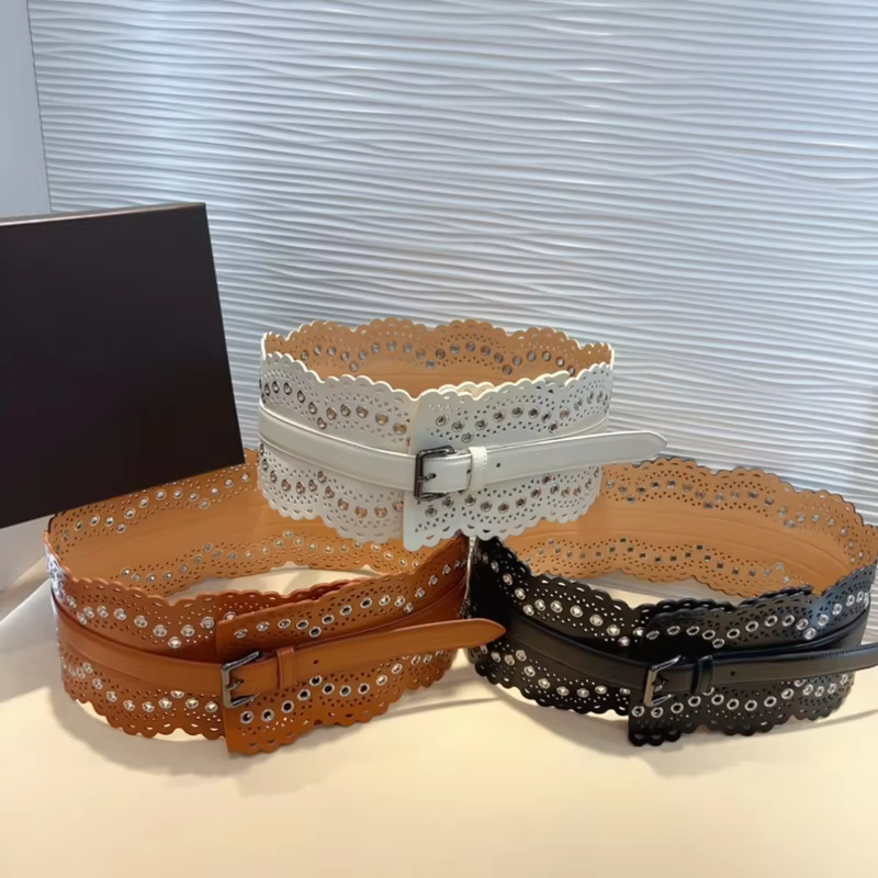 ALAIA Wide Cummerbunds Female Luxury Brand Top Quality Hollow Pattern Pin Buckle Fashion Italian Handmade Accessory Waist Belt 12cm