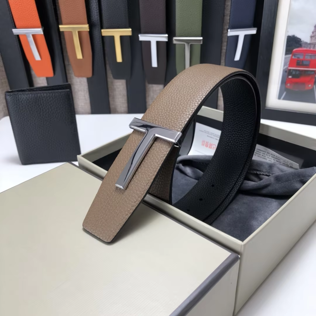 High Quality Luxury Goods Designer Men Cowhide T-shaped Reversible Buckle Belt With Double-sided Use T Buckle Gift Box T09
