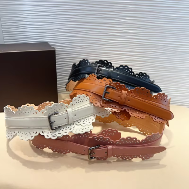 Top Quality ALAIA Cummerbunds 7CM Wide Female Luxury Brand Hollow Pattern Pin Buckle Fashion Italian Handmade Accessory Waist Belt