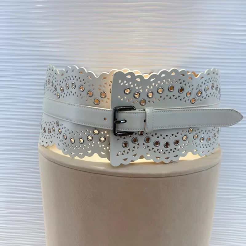 ALAIA Wide Cummerbunds Female Luxury Brand Top Quality Hollow Pattern Pin Buckle Fashion Italian Handmade Accessory Waist Belt 12cm