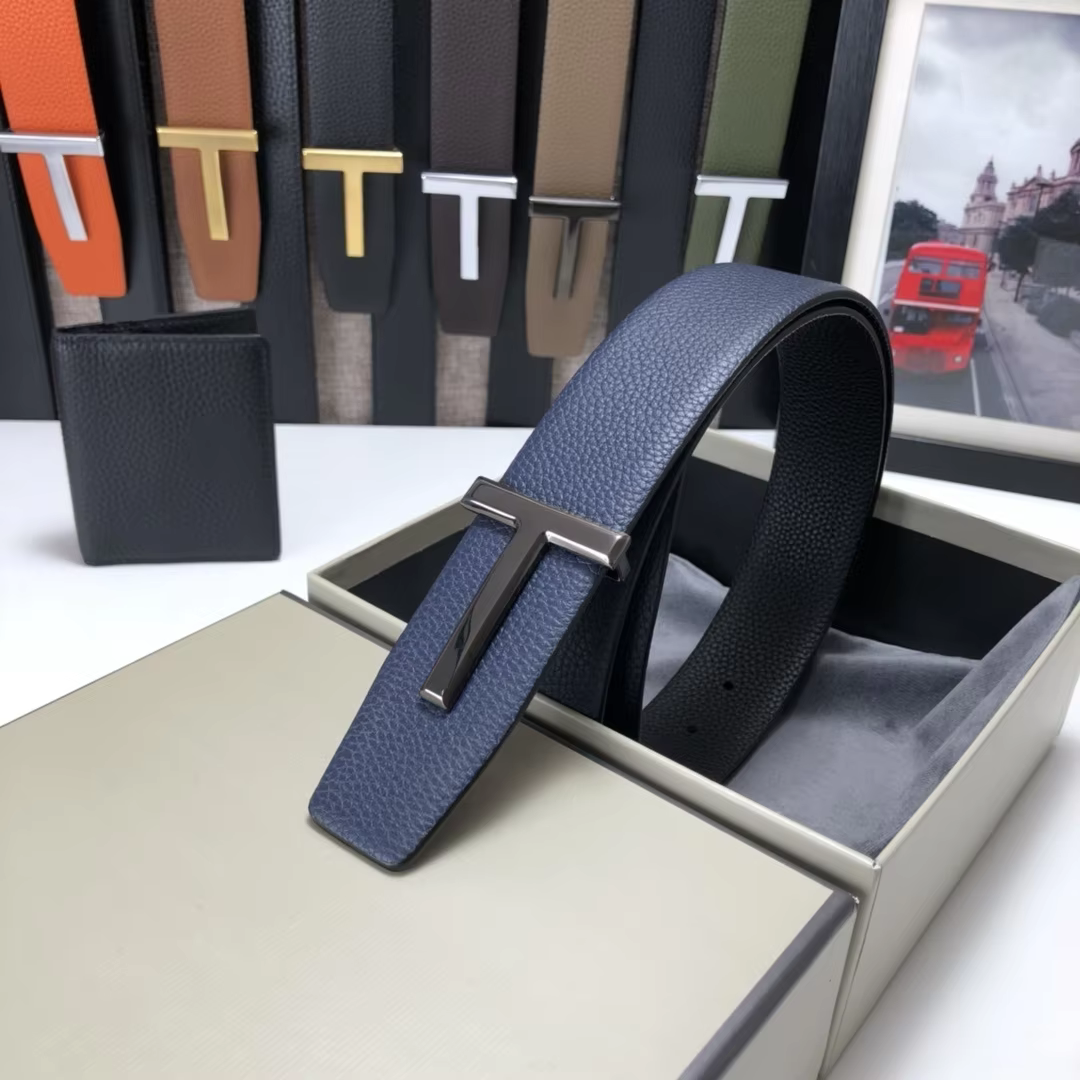 High Quality Luxury Goods Designer Men Cowhide T-shaped Reversible Buckle Belt With Double-sided Use T Buckle Gift Box T09