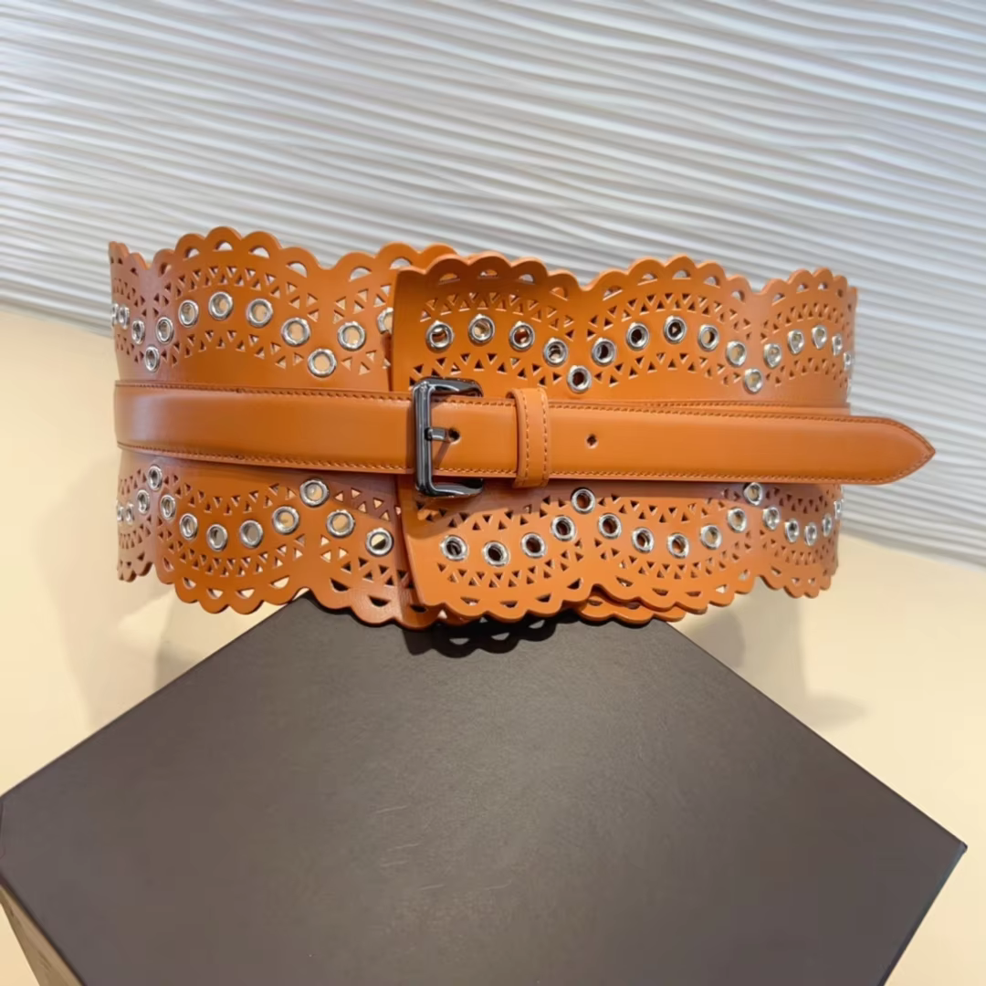 ALAIA Wide Cummerbunds Female Luxury Brand Top Quality Hollow Pattern Pin Buckle Fashion Italian Handmade Accessory Waist Belt 12cm