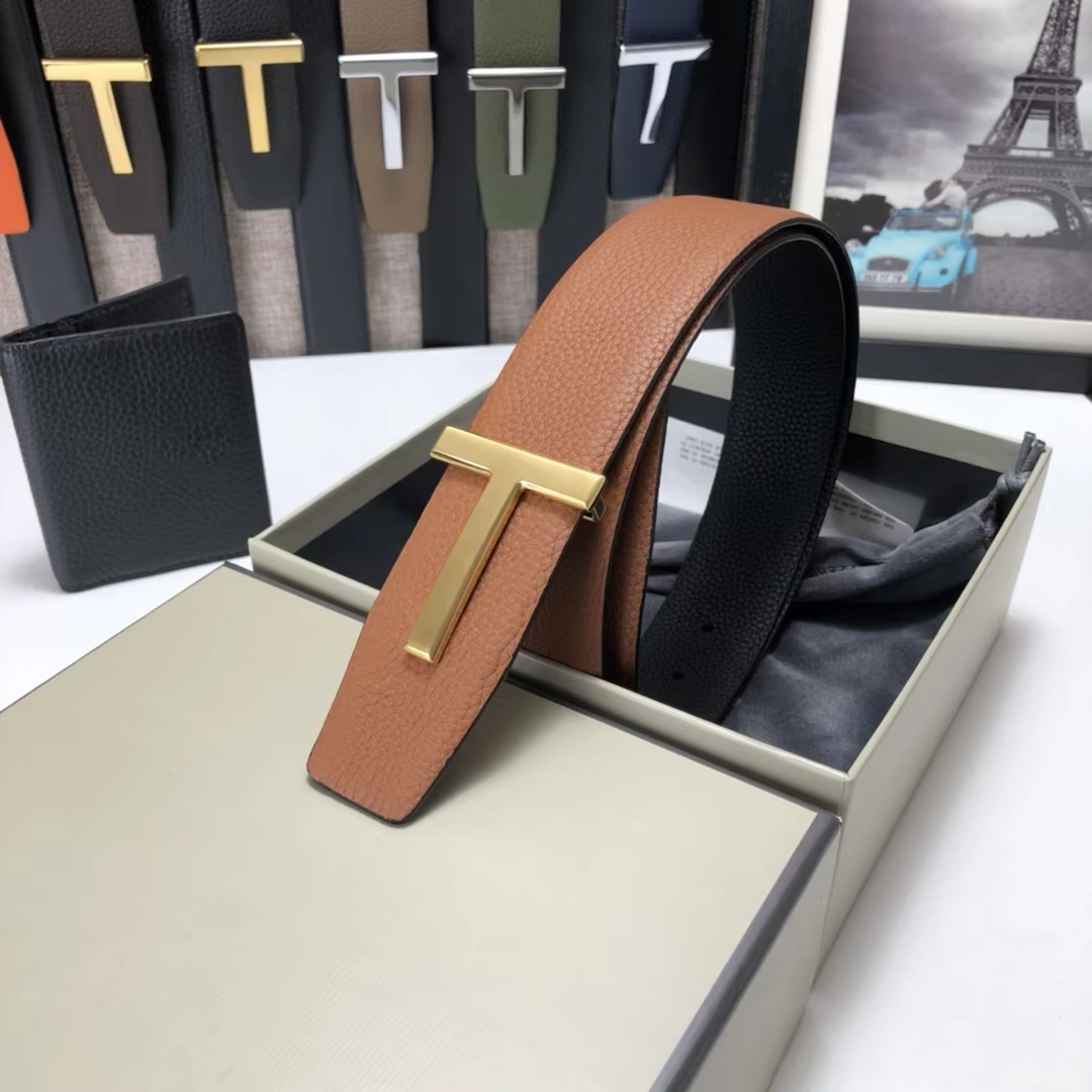 High Quality Luxury Goods Designer Men Cowhide T-shaped Reversible Buckle Belt With Double-sided Use T Buckle Gift Box T09