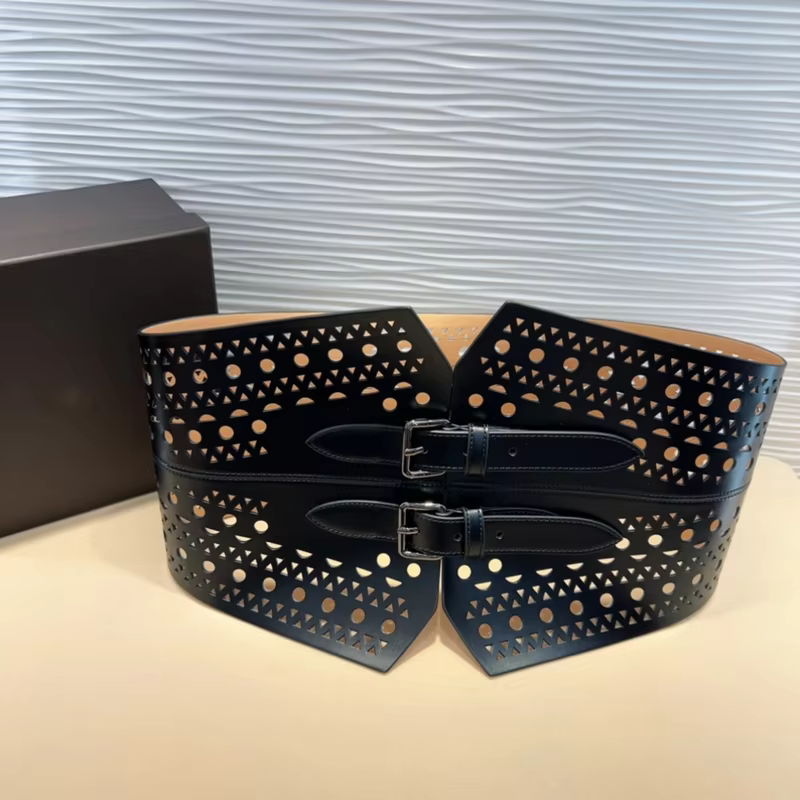 Top Quality ALAIA Cummerbunds Wide Female Hollow-out Luxury Pin Buckle Fashion Italian Handmade Accessory Waist Belt