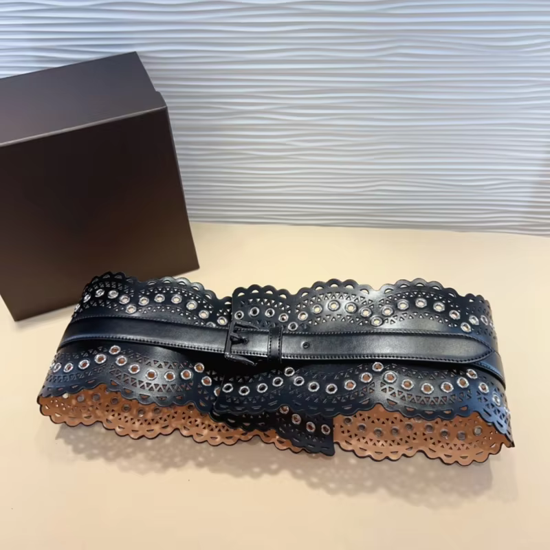 ALAIA Wide Cummerbunds Female Luxury Brand Top Quality Hollow Pattern Pin Buckle Fashion Italian Handmade Accessory Waist Belt 12cm