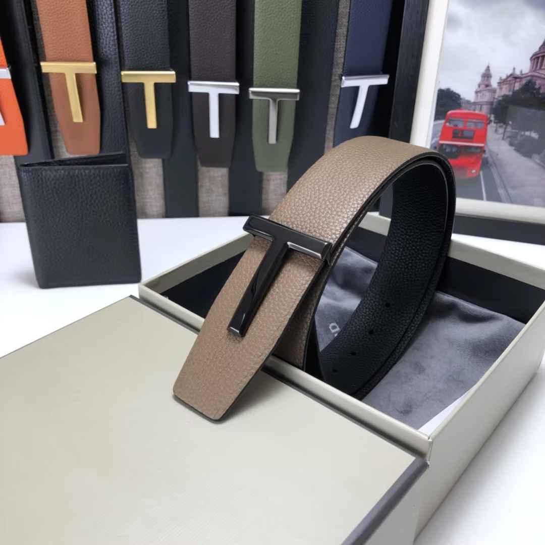High Quality Luxury Goods Designer Men Cowhide T-shaped Reversible Buckle Belt With Double-sided Use T Buckle Gift Box T09