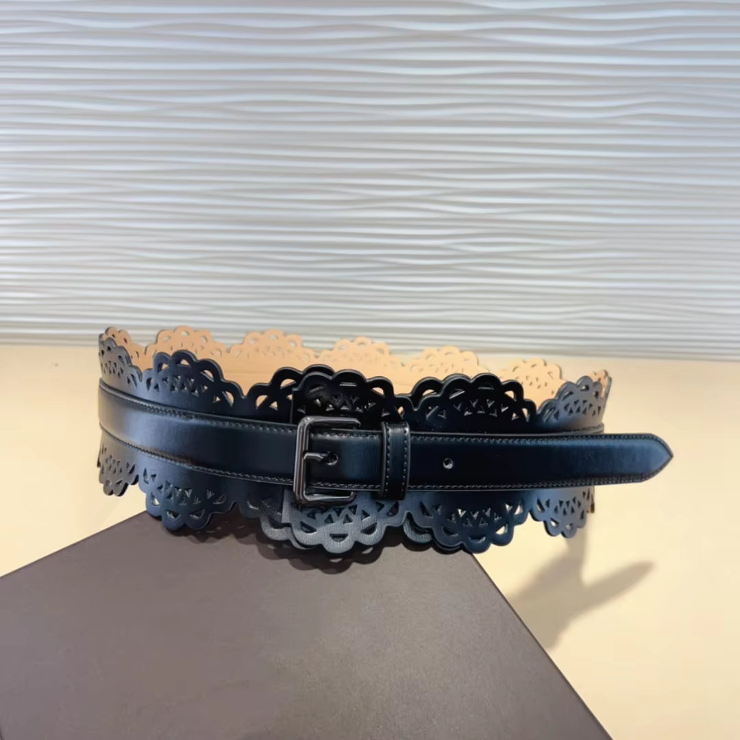 Top Quality ALAIA Cummerbunds 7CM Wide Female Luxury Brand Hollow Pattern Pin Buckle Fashion Italian Handmade Accessory Waist Belt