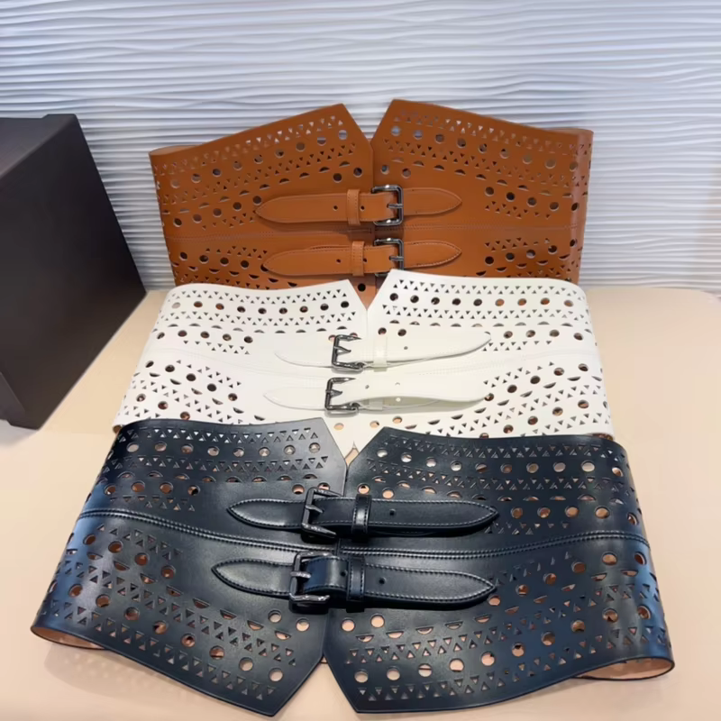 Top Quality ALAIA Cummerbunds Wide Female Hollow-out Luxury Pin Buckle Fashion Italian Handmade Accessory Waist Belt