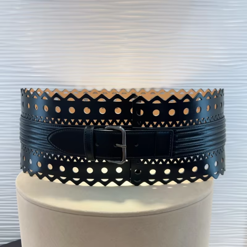 ALAIA Women's Wide Cowhide Cummerbund Waistband Elegant Classic Hollow Out Carved Vintage Slimming Body Shaping Girdle Belts