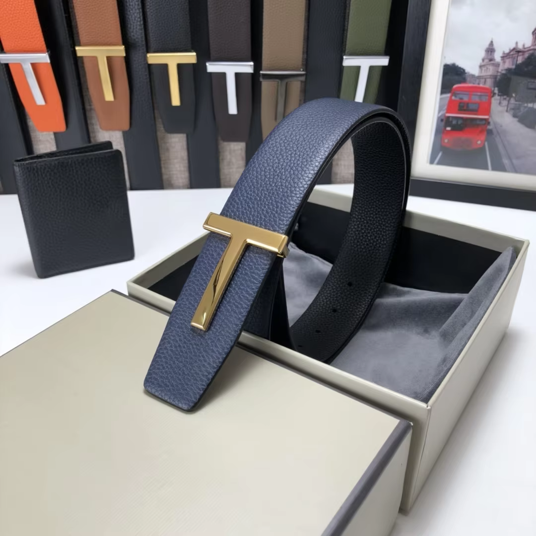 High Quality Luxury Goods Designer Men Cowhide T-shaped Reversible Buckle Belt With Double-sided Use T Buckle Gift Box T09
