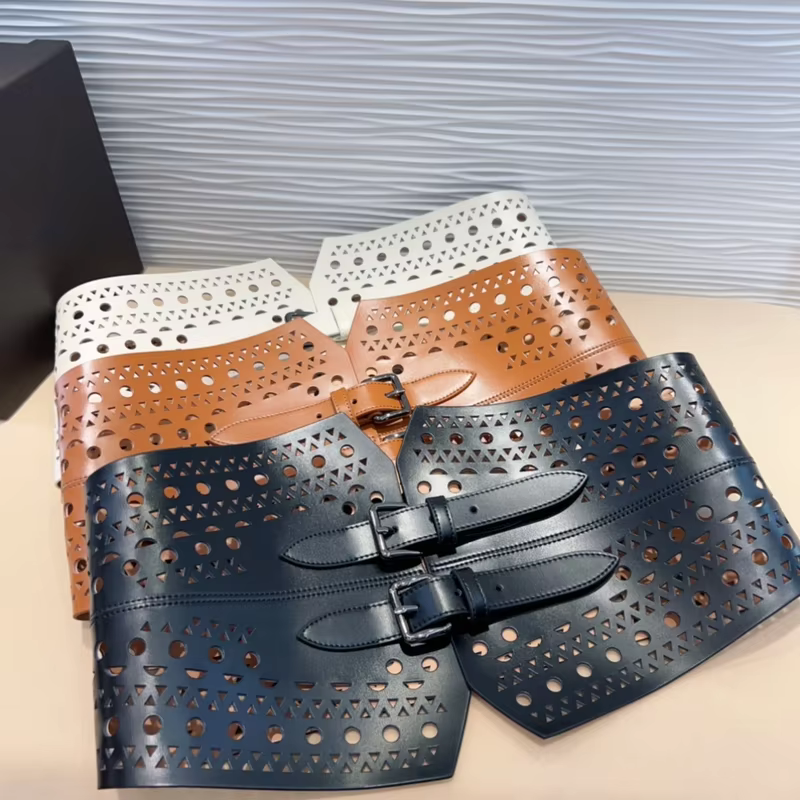 Top Quality ALAIA Cummerbunds Wide Female Hollow-out Luxury Pin Buckle Fashion Italian Handmade Accessory Waist Belt