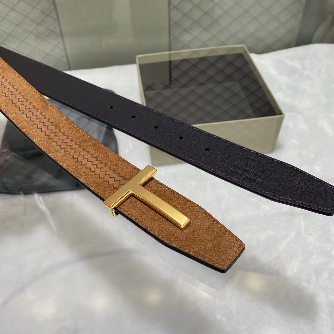 High Quality Luxury Goods Designer TOM Men's Cowhide T-shaped Buckle Belt With Double-sided Use 38MM T Hardware Buckle Gift Box