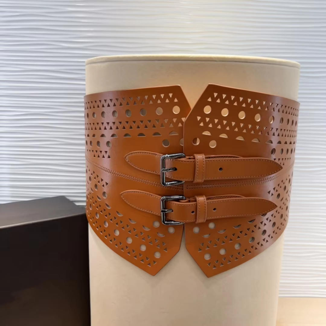 Top Quality ALAIA Cummerbunds Wide Female Hollow-out Luxury Pin Buckle Fashion Italian Handmade Accessory Waist Belt