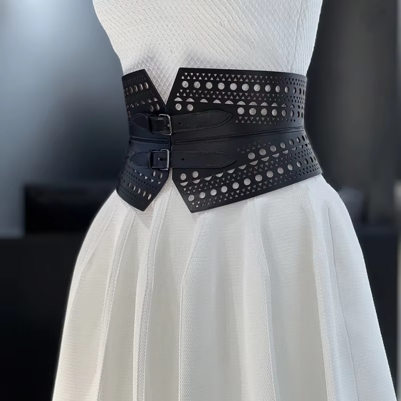 Top Quality ALAIA Cummerbunds Wide Female Hollow-out Luxury Pin Buckle Fashion Italian Handmade Accessory Waist Belt