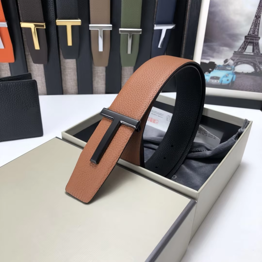 High Quality Luxury Goods Designer Men Cowhide T-shaped Reversible Buckle Belt With Double-sided Use T Buckle Gift Box T09