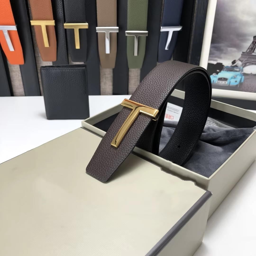 High Quality Luxury Goods Designer Men Cowhide T-shaped Reversible Buckle Belt With Double-sided Use T Buckle Gift Box T09
