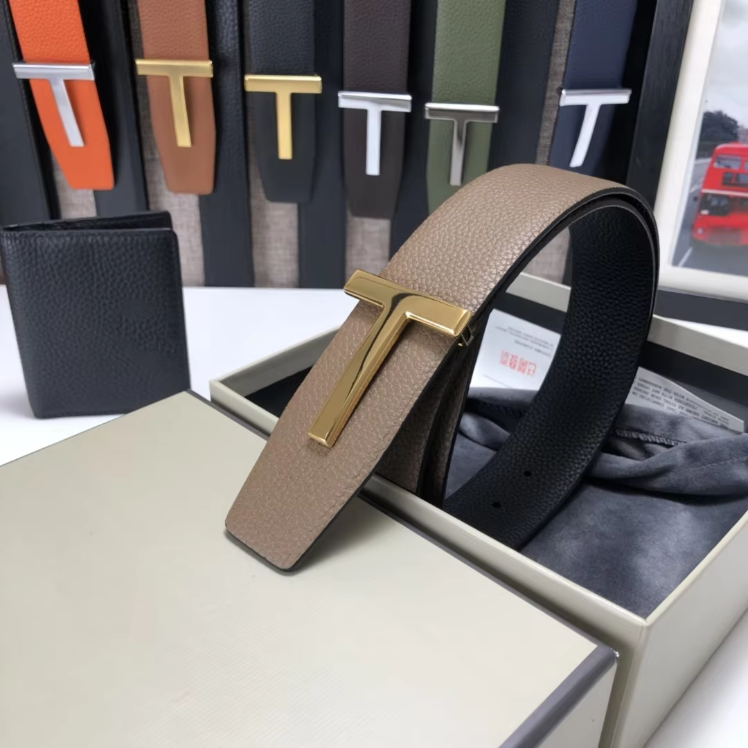 High Quality Luxury Goods Designer Men Cowhide T-shaped Reversible Buckle Belt With Double-sided Use T Buckle Gift Box T09