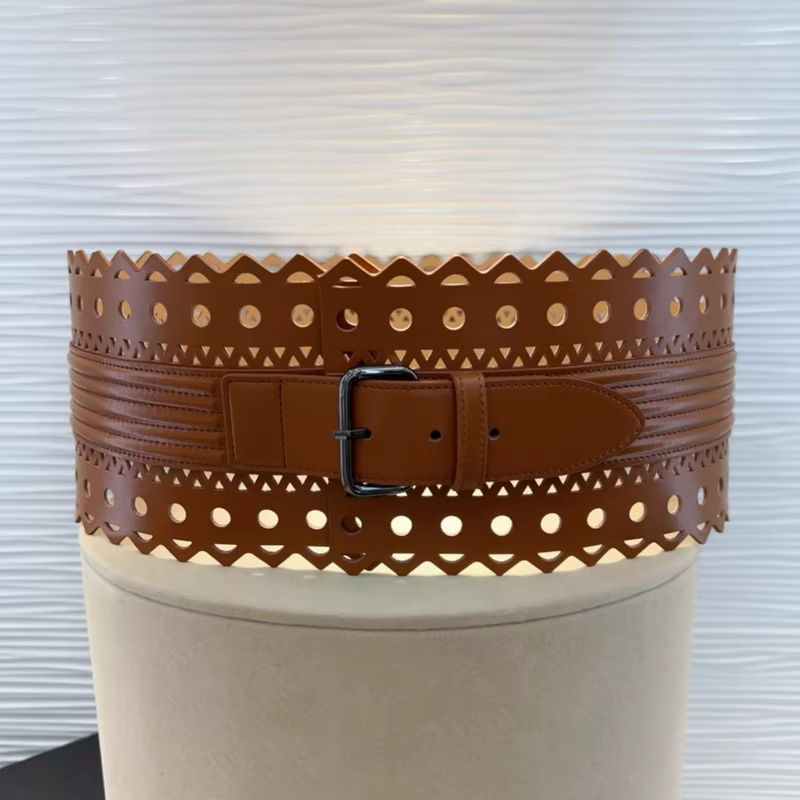 ALAIA Women's Wide Cowhide Cummerbund Waistband Elegant Classic Hollow Out Carved Vintage Slimming Body Shaping Girdle Belts
