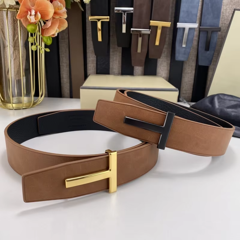 High Quality Luxury Goods Designer Men Cowhide T-shaped Reversible Buckle Belt With Double-sided Use T Buckle Gift Box T07