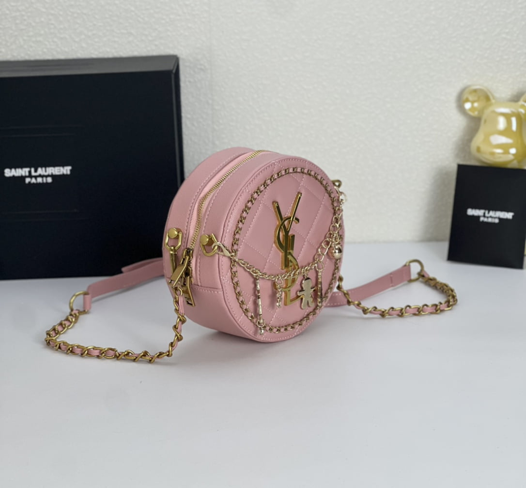 YSL round bun bag with chain strap pink size: 17cm
