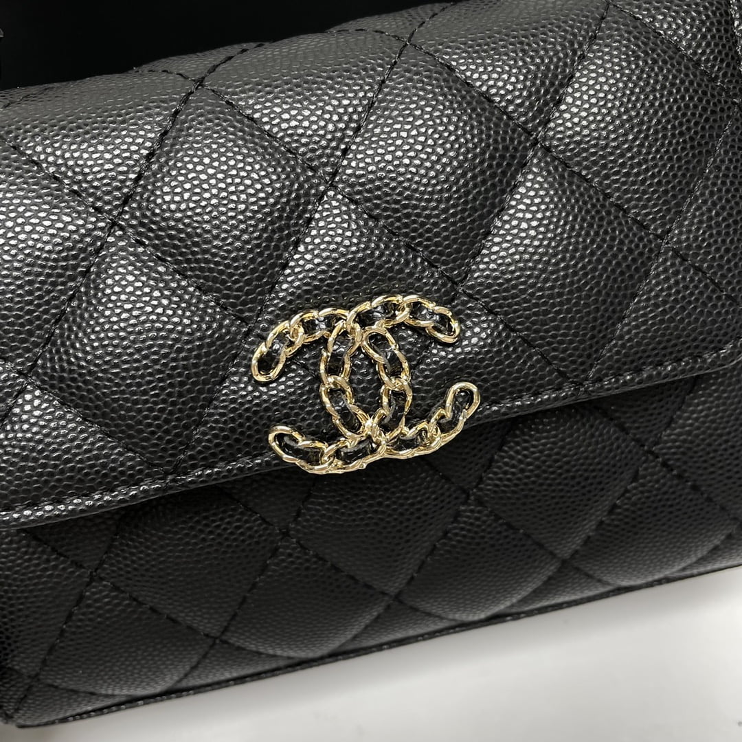 Chanel Black Horse Kelly Lichee cowhide long handle bag 9100 black size:19*10*4.5cm