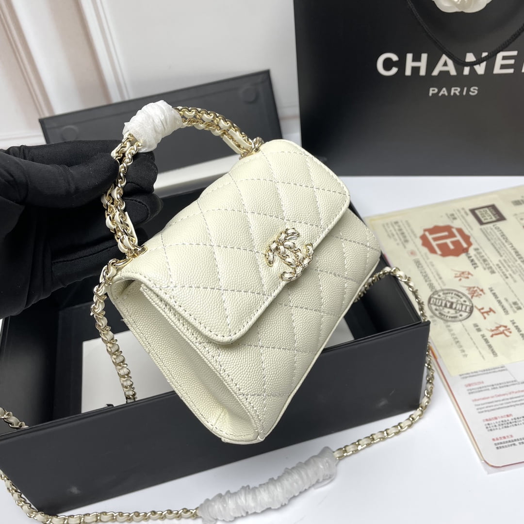 Chanel Black Horse Kelly Lichee cowhide long handle bag 9100 white size:19*10*4.5cm