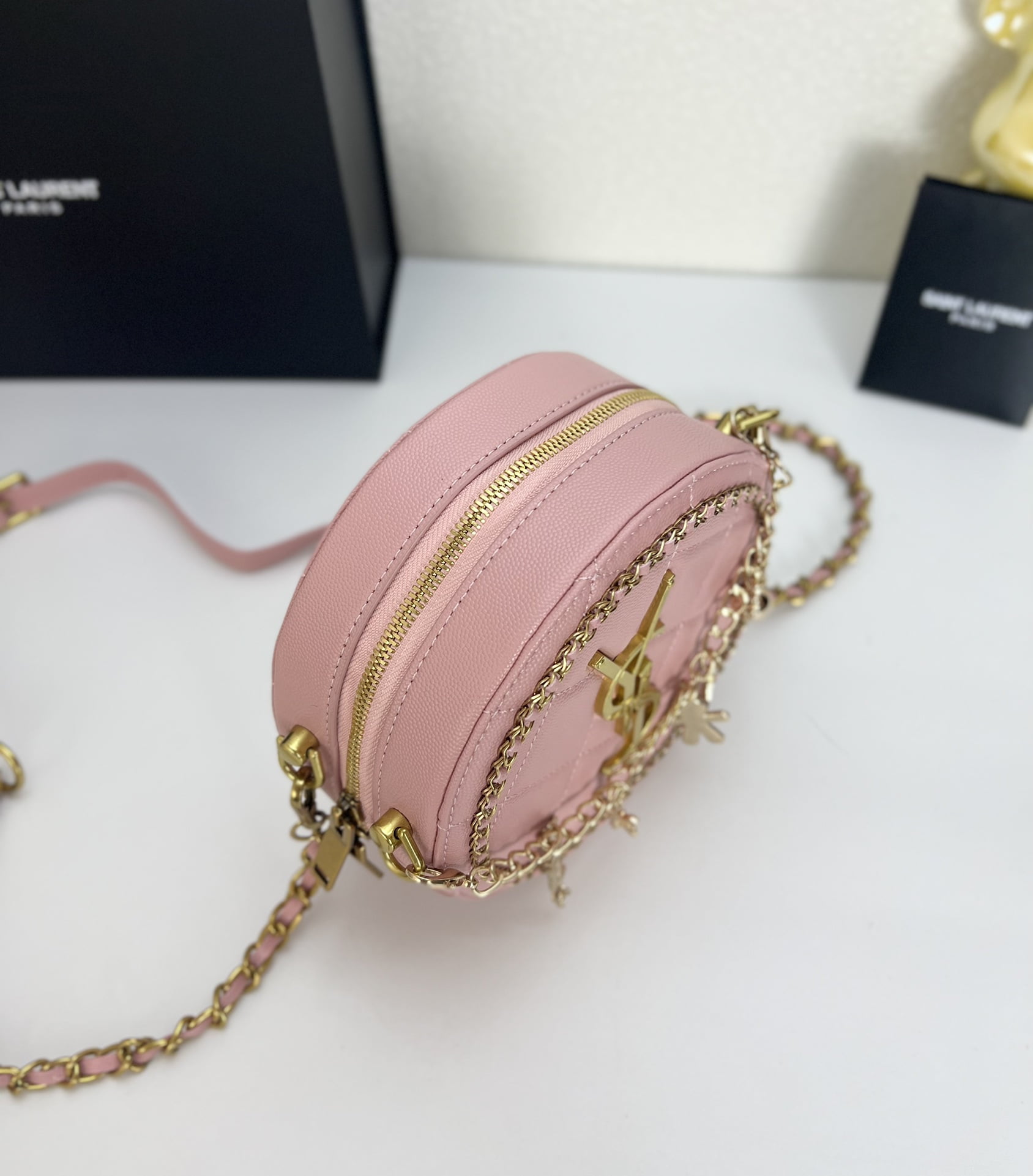 YSL round bun bag with chain strap pink size: 17cm