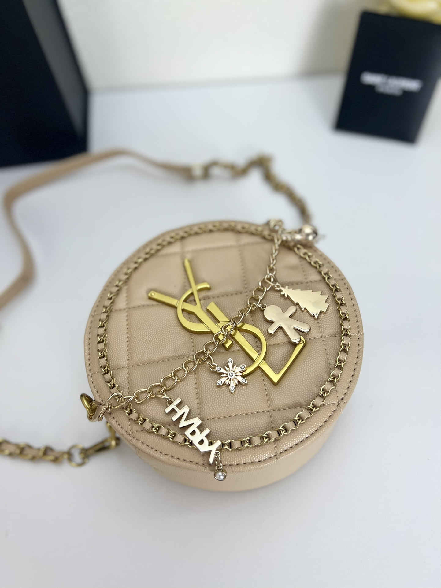 YSL round bun bag with chain strap apricot size: 17cm