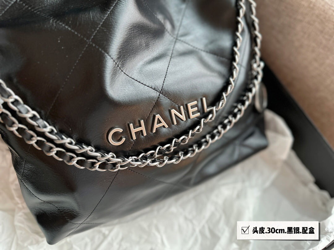 CHANEL Pearl garbage bag black with sliver hardware size：30*32cm