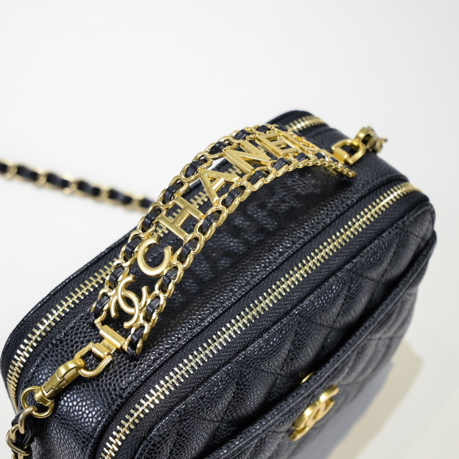 Chanel Caviar alphabet Camera chain crossbody black handle bag